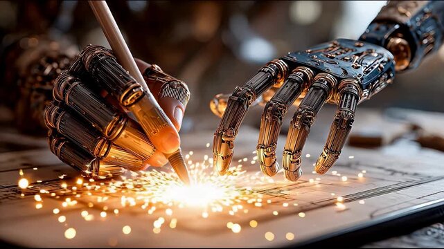 Close-up of robotic mechanical hands welding with flying sparks, industrial automation and future AI technology manufacturing concept, high precision mechanical engineering display.