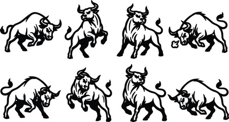 Fototapeta premium Set of black and white illustrations of bulls in various dynamic poses and movements on white background