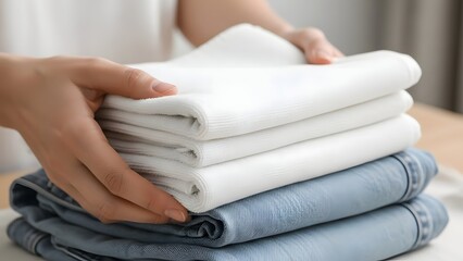 Woman arranging folded clothes stack white linens and blue jeans laundry