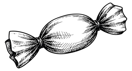 Hand drawn line art illustration of a candy depicting a wrapped sweet treat for confectionery design