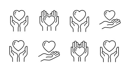 Hands holding heart icon set: symbolizing care, love, charity, and support isolated on transparent background