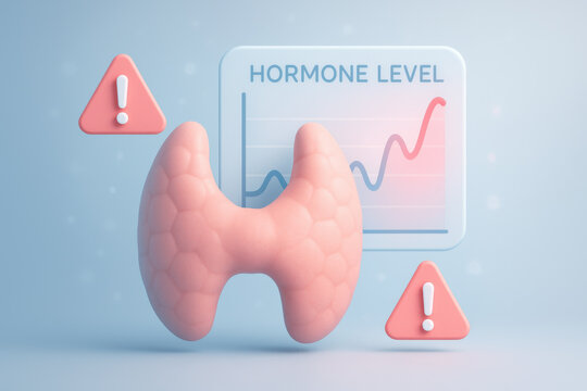 Medical illustration of thyroid organ with hormone level graph showing an imbalance. An alert sign shows concern for health condition related to endocrine system