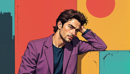 A young man expressing introspection while leaning against vibrant abstract walls, representing mental pressure and support, concept emotional awareness