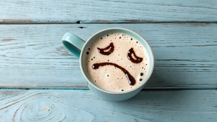 Sad face drawn in coffee foam a blue mug on wood planks