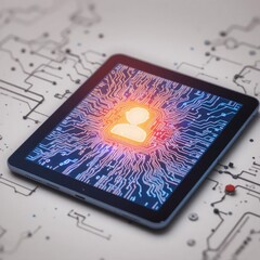 Above circuits, a bright chatbot icon appears on the tablet. AI digital assistants, tech innovation, user interface design, virtual help, and future customer service interfaces.