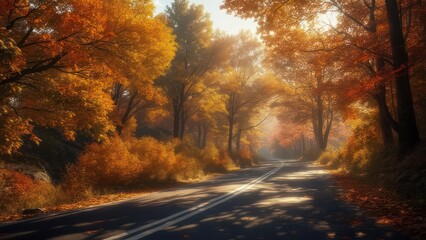 A winding road disappears into an autumn forest, awash in golden light and foliage