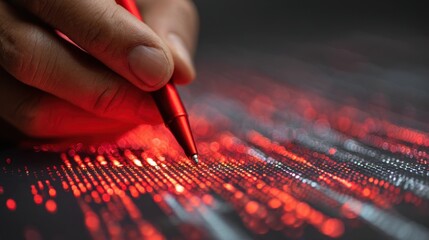 Close up of person using red pen on glowing digital data surface, representing technology and cybersecurity