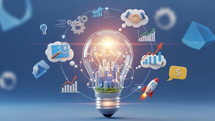 Innovative Corporate Strategy Illustrated through a Glowing Light Bulb surrounded by Technology and Business Icons