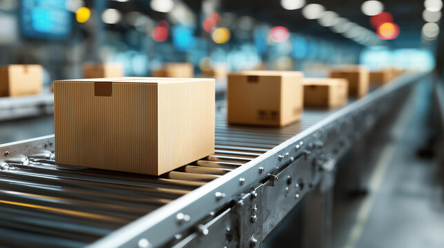 Cardboard boxes moving on conveyor belt in modern warehouse for logistics and sustainable packaging concept