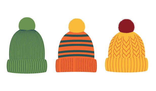 Colorful knit hats with pom poms in green, orange, and yellow