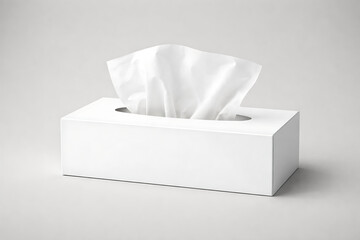 Ultra quality image of box of tissues mockup concept. A simple white tissue box with tissues partially pulled out, set against a neutral gray background. High quality
