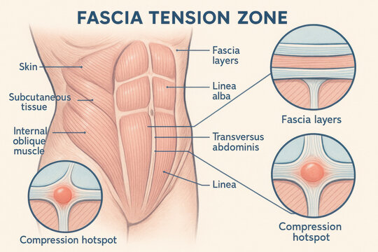 Detailed anatomy diagram of abdominal fascia tension zone. medical illustration showing muscle, layers, and painful compression hotspot for scientific reference
