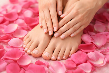 Hands gently resting on a pair of well-groomed feet, surrounded by vibrant pink rose petals.
