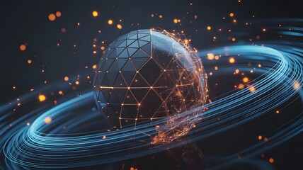 Abstract Digital Globe with Interconnected Network Lines and Orbiting Energy Streams, Representing Global Data and Technology