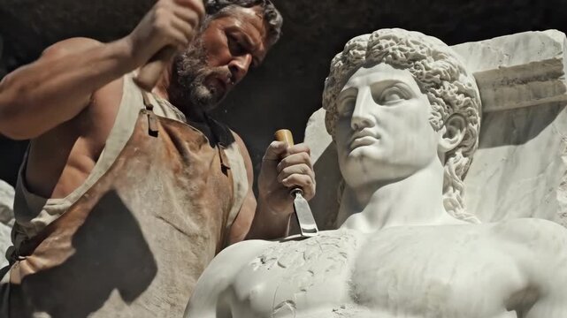 Focused adult man sculptor carving a classical marble statue in bright sunlight. Concept of ancient art and craftsmanship
