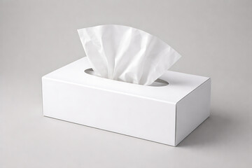 Ultra quality image of box of tissues mockup concept. A simple white tissue box with tissues partially pulled out, set against a neutral gray background. High quality