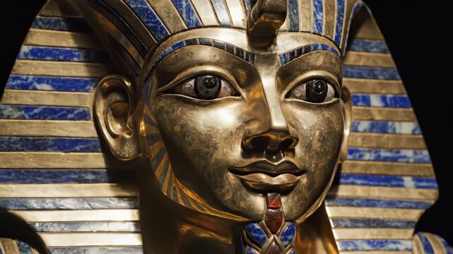 Ornate golden ancient Egyptian pharaonic mask of Tutankhamun on a dark background. Concept of historical royalty and mystery
