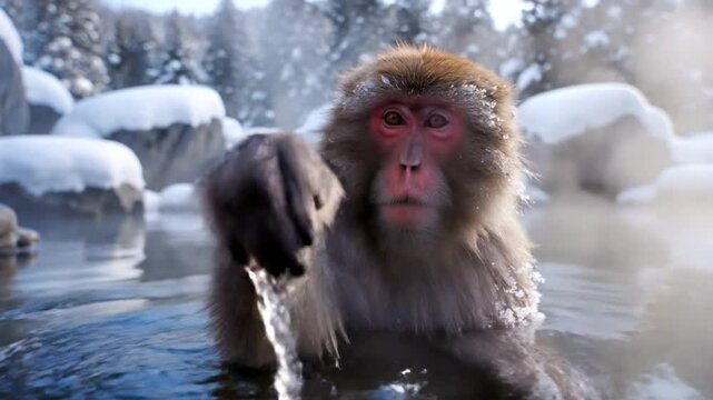 Japanese macaque monkey enjoying a relaxing onsen spa bath in the snowy winter environment