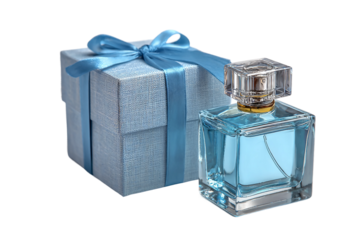 Wedding favor gift box with perfume bottle isolated on transparent background