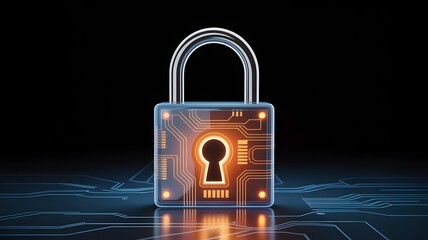 Digital Security Concept: A Futuristic Transparent Padlock with Circuit Board Design and Glowing Keyhole