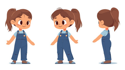 Fototapeta premium Cute little girl character front side and back view wearing blue jeans overalls with ponytail hairstyle in flat vector style animation design