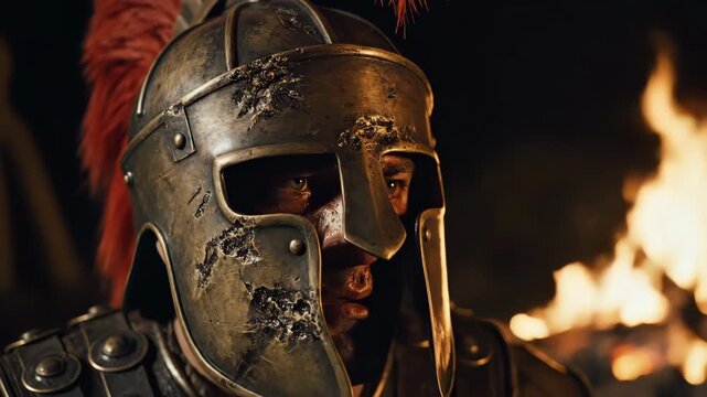 Intense adult Roman soldier wearing a battle-worn helmet looking by fire at night. Concept of war and determination