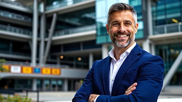 A man in a blue suit standing in front of a building