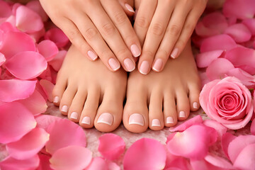 Hands gently resting on a pair of well-groomed feet, surrounded by vibrant pink rose petals.