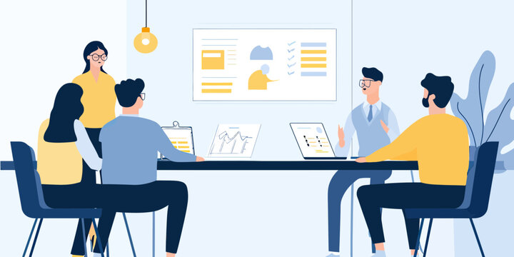 Business team meeting brainstorming strategy planning collaboration in modern office with laptops charts and presentation flat vector illustration