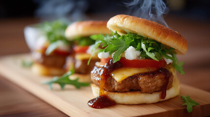 A deconstructed gourmet burger floating in layers--bun, lettuce, tomato, beef patty, cheese with dripping barbecue sauce and steam rising.