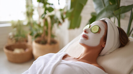 A woman relaxing with a white facial mask and cucumber slices on her eyes, lying on a spa bed surrounded by green plants.