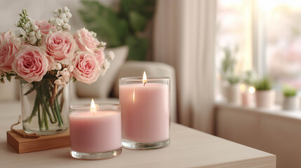 Two light pink white candles of different sizes on a light table with semi-blurred soft roses in the background.
