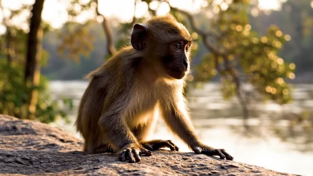 Cute monkey sitting on a rock in the golden light of the setting sun with a river in the background