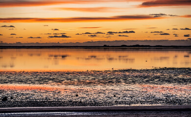Tranquil Sunset Beach With Silhouette Walker Along Calm Shoreline At Dusk, Hjerting, Esbjerg, Denmark