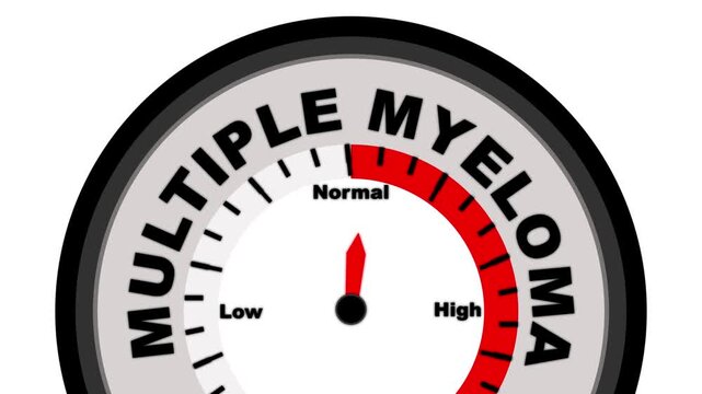 Multiple Myeloma text or word shown with a barometer or tachometer-style gauge, representing varying levels of cancer progression and severity in the bone marrow and plasma cells