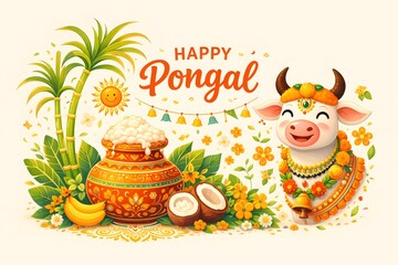 Happy Pongal Festival Graphic Design with Cute Cow,
Pongal Celebration Illustration with Traditional Elements,Generative ai