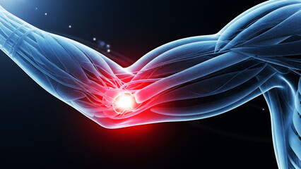 Anatomical View of Human Arm with Glowing Elbow Injury Point