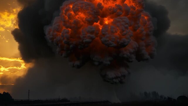 Large explosion happens in a remote area during military training, creating a fireball and smoke against the sunset sky