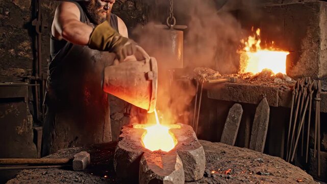 Focused adult man blacksmith pouring molten metal into a mold in a smoky forge. Concept of ancient craftsmanship and industry
