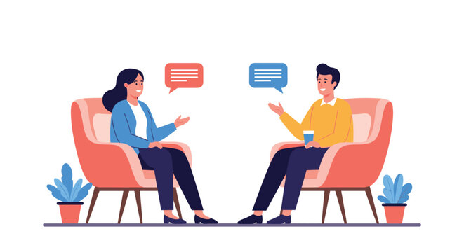 Man and woman sitting in comfortable armchairs having a friendly conversation, with speech bubbles indicating communication and discussion.
