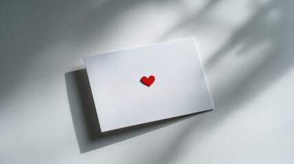 Obraz premium White envelope with small red heart on soft neutral background in sunlight perfect for Valentine’s Day love notes and minimal romantic visuals м