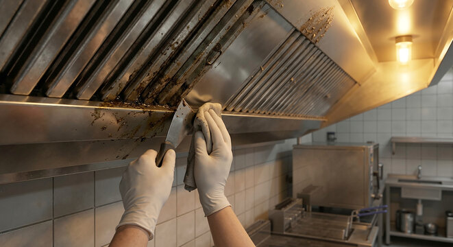 Worker in white gloves using a metal scraper to remove thick grease and oil buildup from a commercial kitchen range hood. Professional industrial deep cleaning for restaurant hygiene.