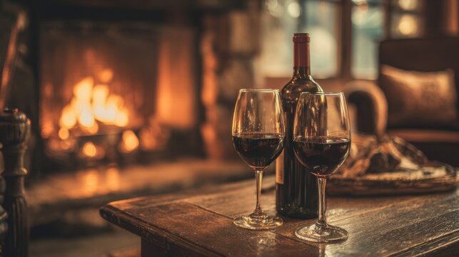 Romantic evening by the fireplace with two glasses of red wine on a wooden table perfect for Valentine&rsquo;s Day ads, couple moments and cozy lifestyle visuals
