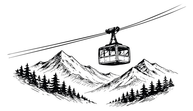 Hand drawn line art illustration of a cable car over mountains and pine trees depicting a scenic mountain landscape for travel and adventure concepts