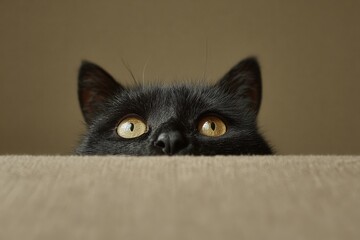 Black cat looking over the edge of a surface with curious eyes