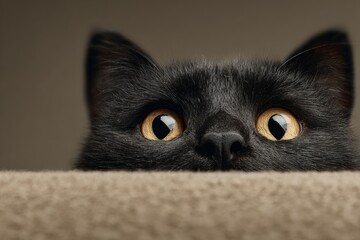 Black cat peeking over a surface with bright yellow eyes
