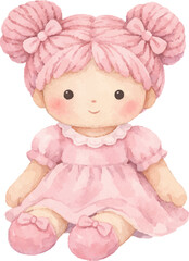 Fototapeta premium Pink rag doll with bows, cute watercolor plush toy illustration for children and nursery decor