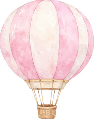 Naklejka premium Pink and white hot air balloon cute pastel illustration with wicker basket isolated on white