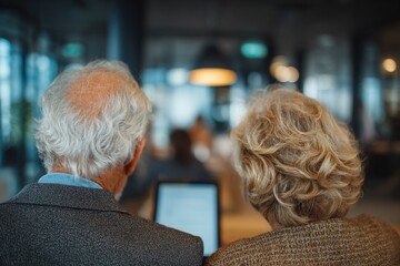 Elderly couple views tablet together in modern office setting
