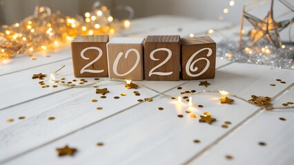 New Year 2026 celebration with wooden blocks and fairy lights